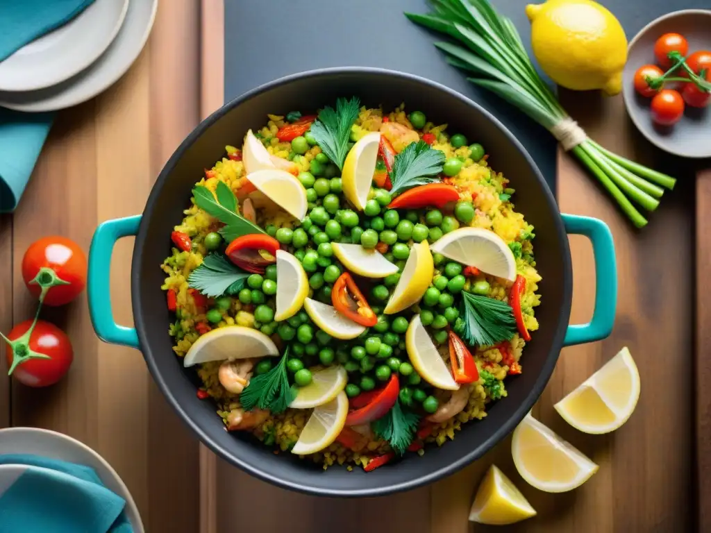 Una deliciosa y colorida paella sin gluten, con un toque moderno, repleta de ingredientes frescos y vibrantes