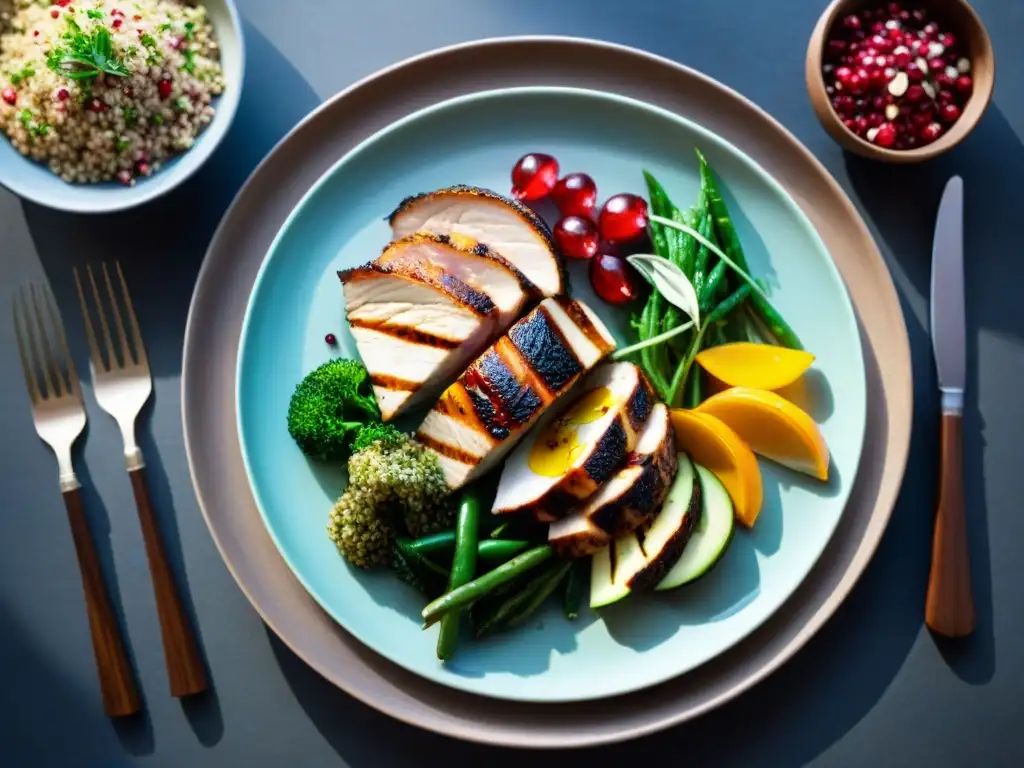 Deliciosa comida sin gluten con vegetales, pollo, quinoa y granada en plato colorido en mesa de madera