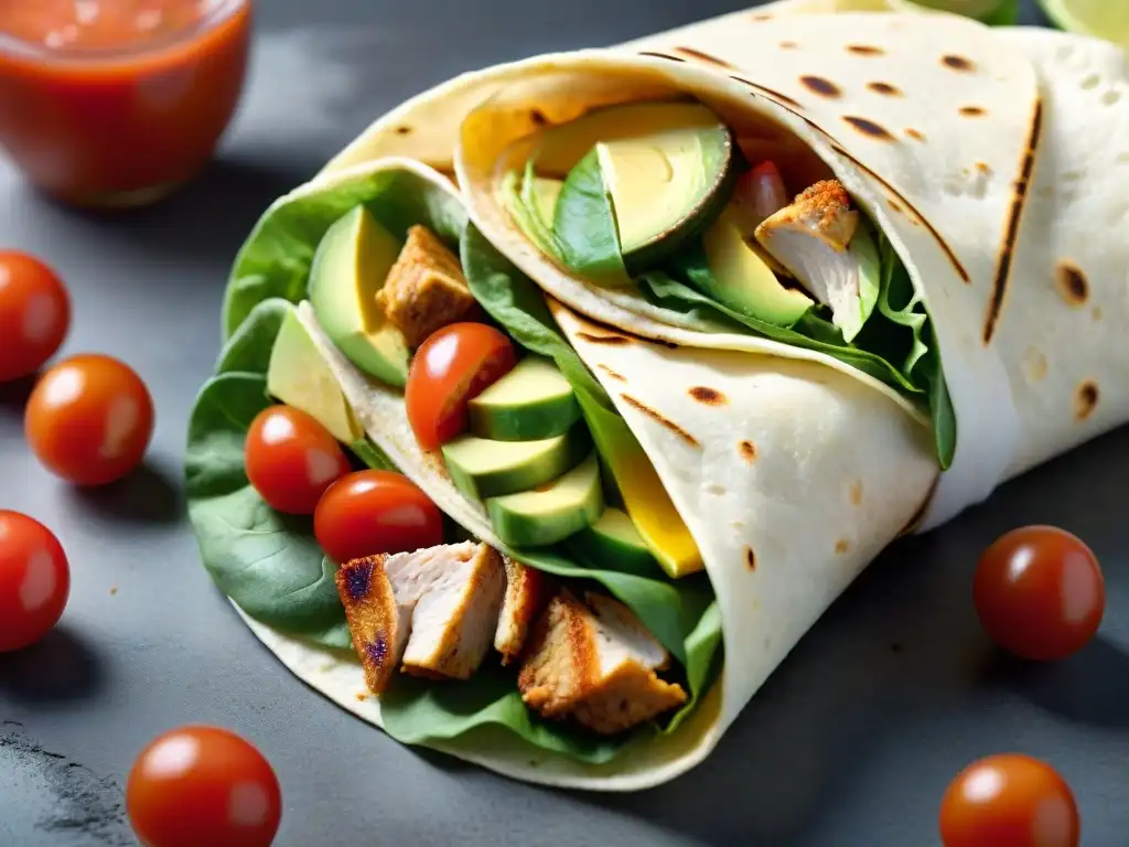 Deliciosa comida rápida sin gluten saludable con ingredientes frescos y coloridos en un apetitoso wrap