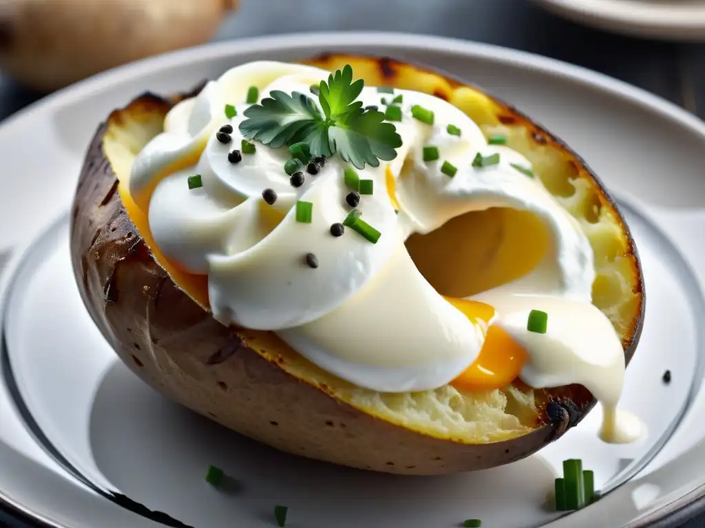 Una deliciosa crema agria sin lácteos receta sobre una papa horneada, con chives y pimienta