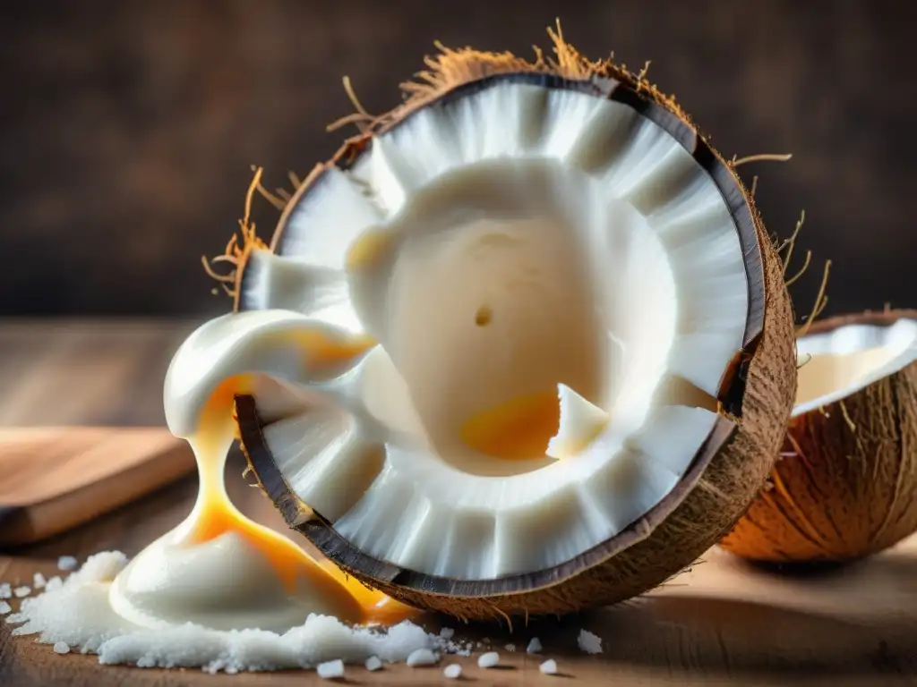 Deliciosa crema de coco sin gluten, suave y cremosa, con trozos de coco real esparcidos, evocando frescura y naturalidad