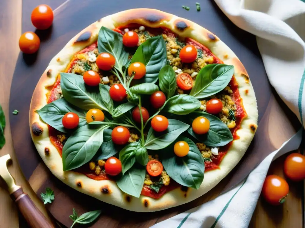 Deliciosa pizza paleo sin gluten con crocante base de coliflor y coloridas verduras frescas, horneada a la perfección en ambiente acogedor de cocina