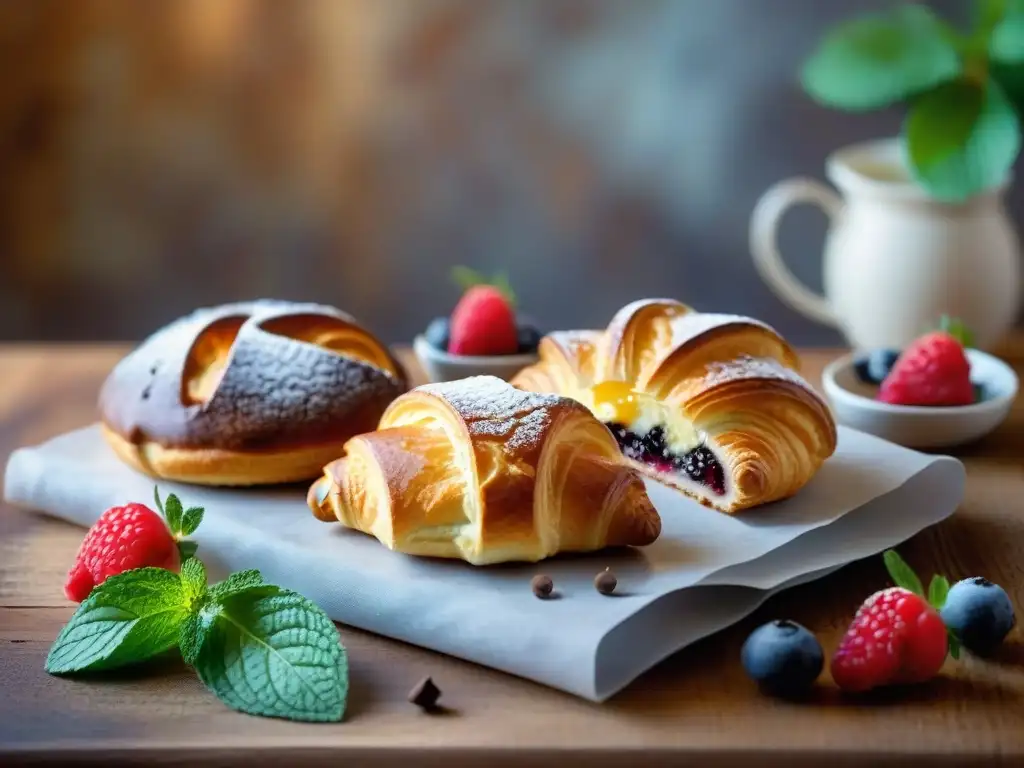 Deliciosa bollería sin gluten: croissants dorados, muffins de chocolate y tartaletas de frutas sobre mesa rústica en panadería acogedora