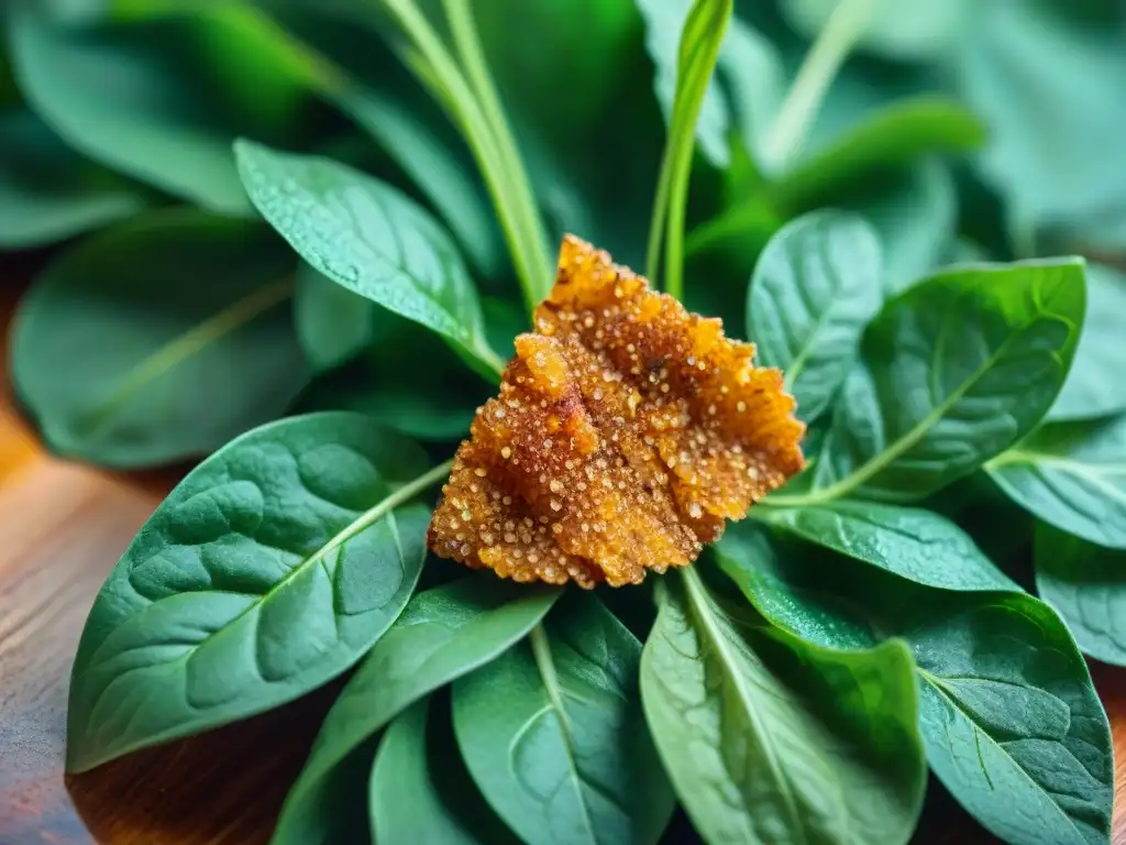 Deliciosa chip de quinoa crujiente sobre espinacas frescas