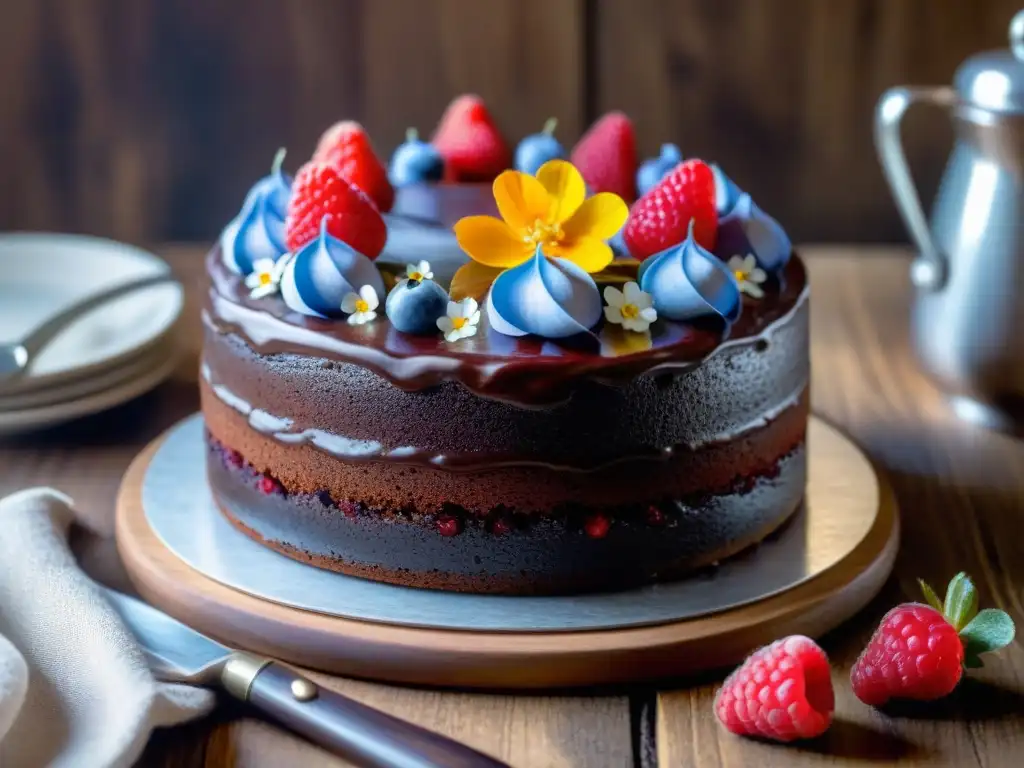 Una deliciosa y decadente torta de chocolate sin gluten con frambuesas frescas y flores comestibles, en una mesa rústica con azúcar glass, servidor de plata y servilleta de lino