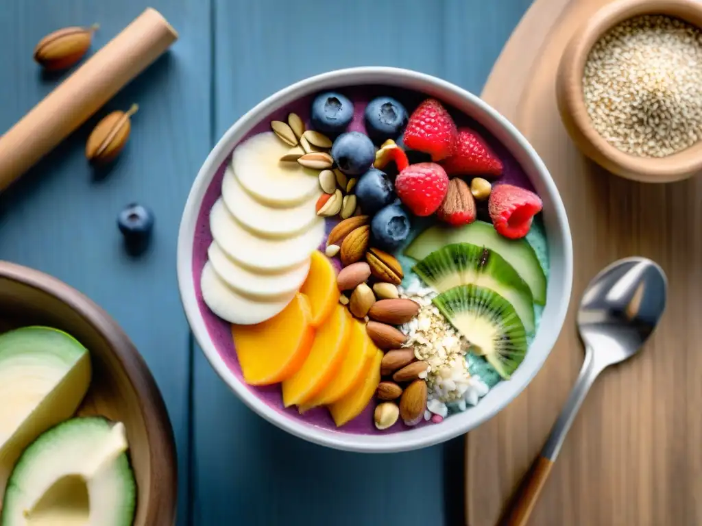 Deliciosa dieta sin gluten para deportistas: smoothie bowl colorido con frutas frescas y frutos secos en una mesa de madera, iluminado suavemente