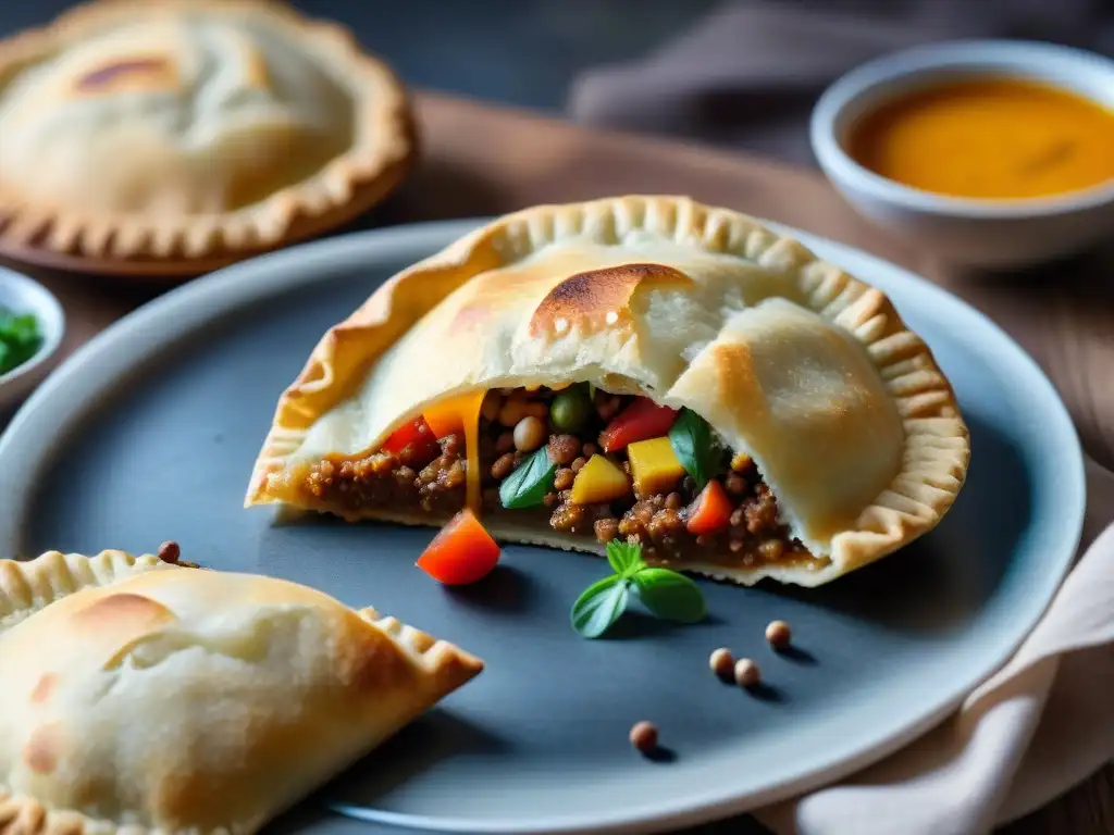 Deliciosa empanada sin gluten recién horneada, con capas doradas y aroma tentador