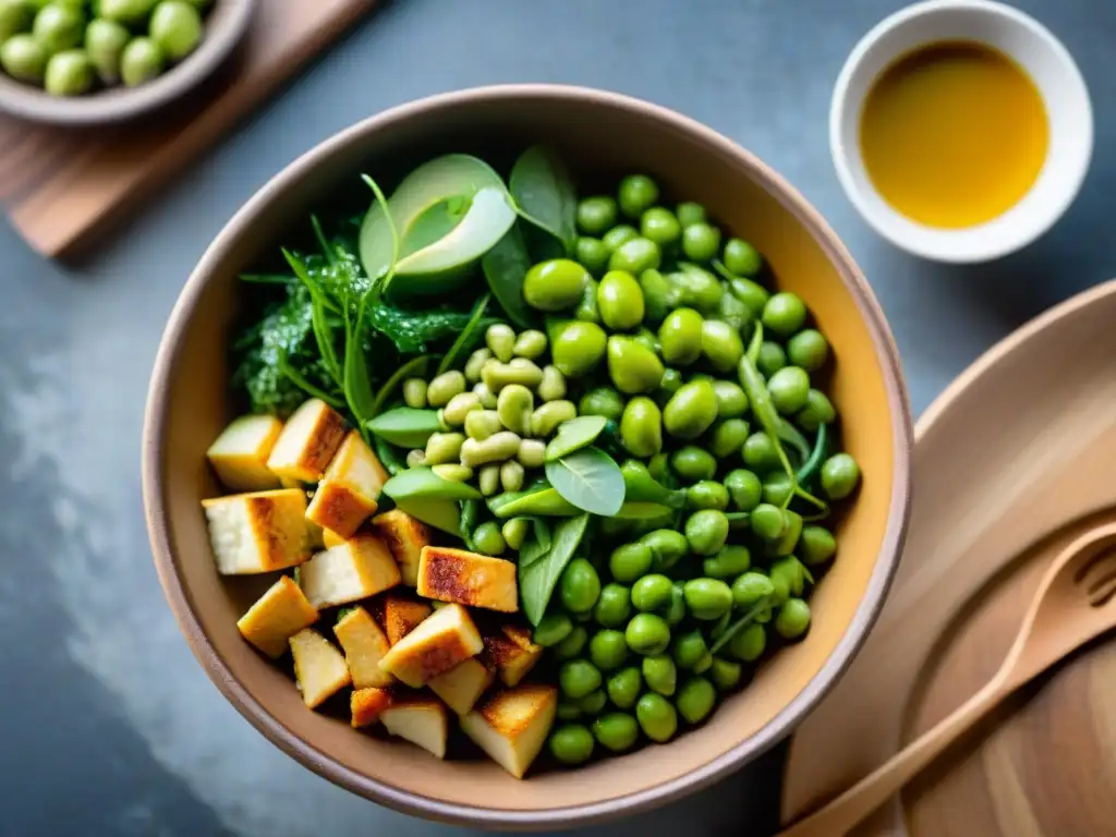 Una deliciosa ensalada asiática sin gluten vegana en un tazón vibrante sobre una mesa de madera rústica