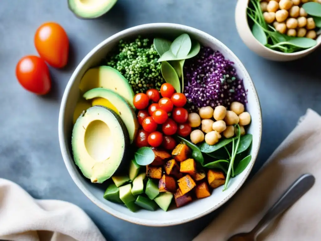 Deliciosa ensalada Buddha bowl con quinoa, batata, aguacate y más ingredientes frescos