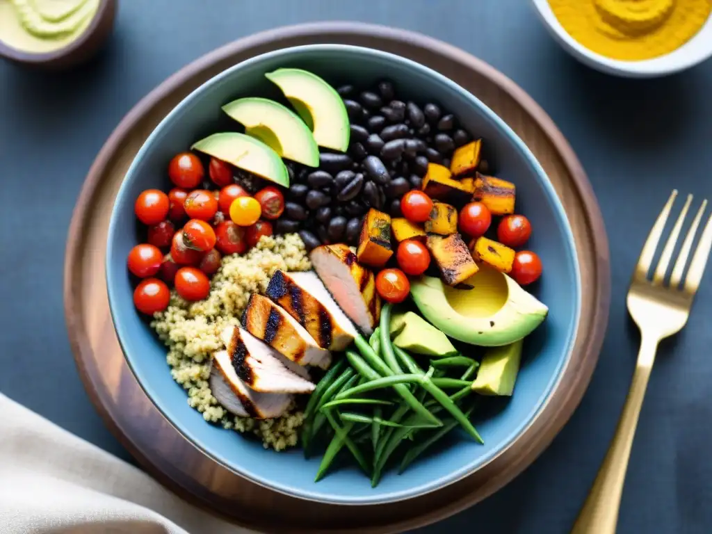 Bowl de Buddha colorido con quinoa, aguacate y pollo a la parrilla Deliciosa ensalada Buddha bowl con proteínas sin gluten en dieta, ingredientes frescos y coloridos en mesa de madera rústica