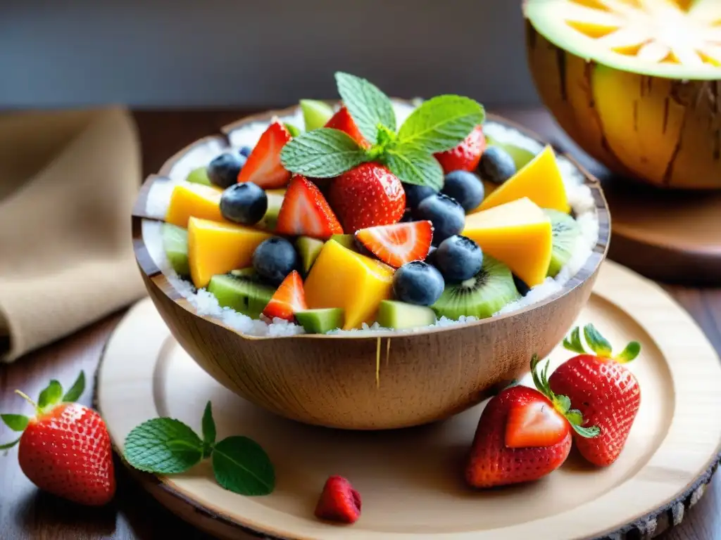 Deliciosa ensalada de frutas colorida en un tazón de coco, bañada en aderezo de miel y lima, perfecta para postres sin gluten verano