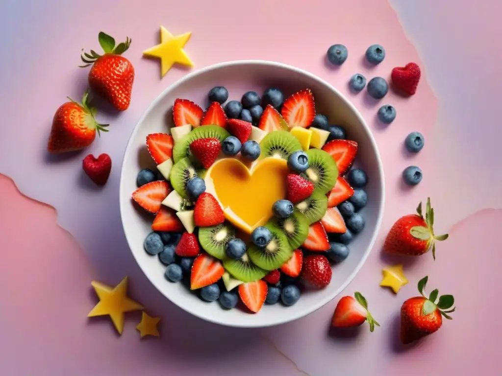 Deliciosa ensalada de frutas con fresas, arándanos, kiwi y mango en formas divertidas, con miel, en un bol blanco