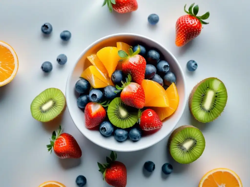 Deliciosa ensalada de frutas sin gluten segura para niños, con fresas, arándanos, kiwi y naranja en un tazón blanco