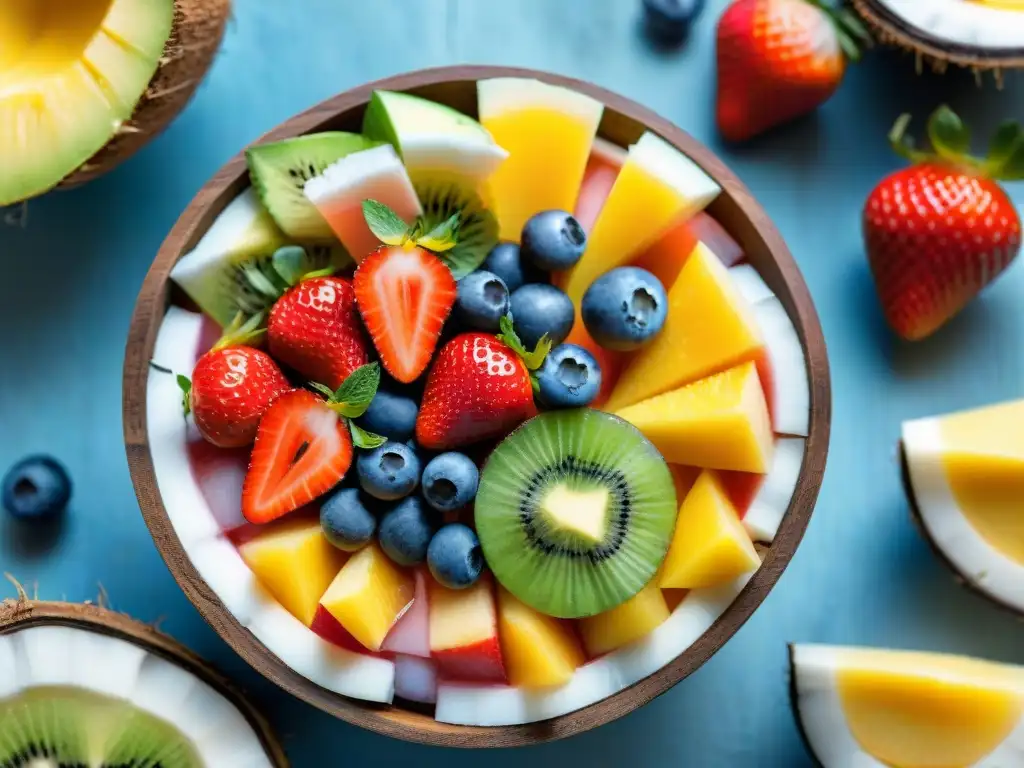 Deliciosa ensalada de frutas tropicales en bol de coco, con fresas, arándanos, mango, kiwi, piña, coco y menta