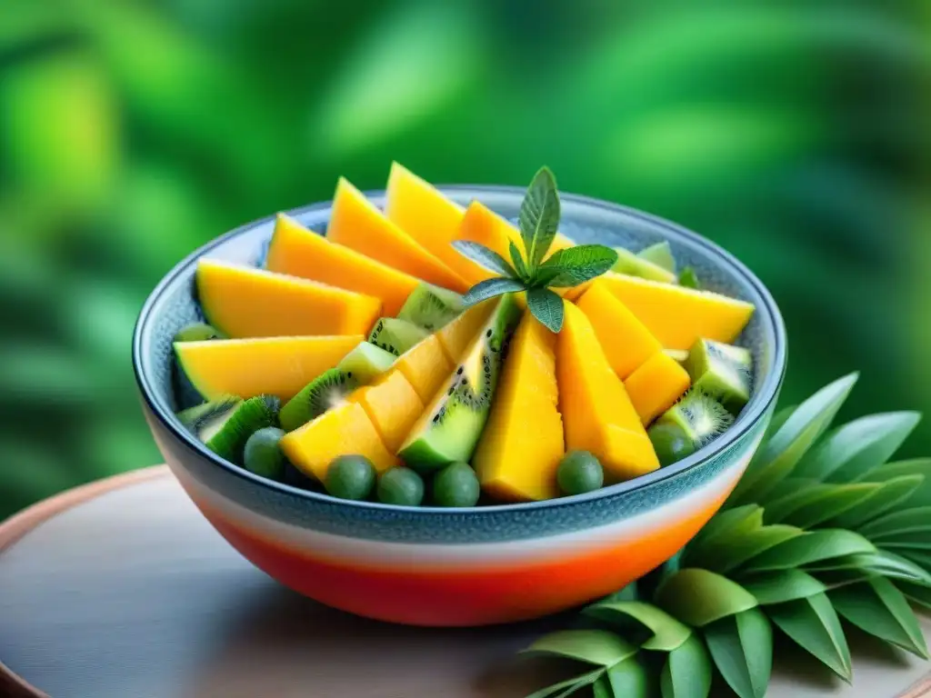 Deliciosa ensalada de frutas tropicales en tazón de cristal, adornada con hojas de menta, en paraíso tropical