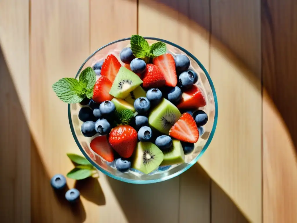 Deliciosa ensalada de frutas veraniega en un bol de cristal, con fresas, sandía, kiwi, arándanos y hojas de menta fresca