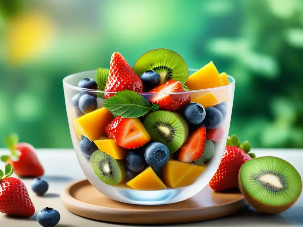 Deliciosa ensalada de frutas veraniega sin gluten con fresas, arándanos, kiwi y mango en un tazón de vidrio