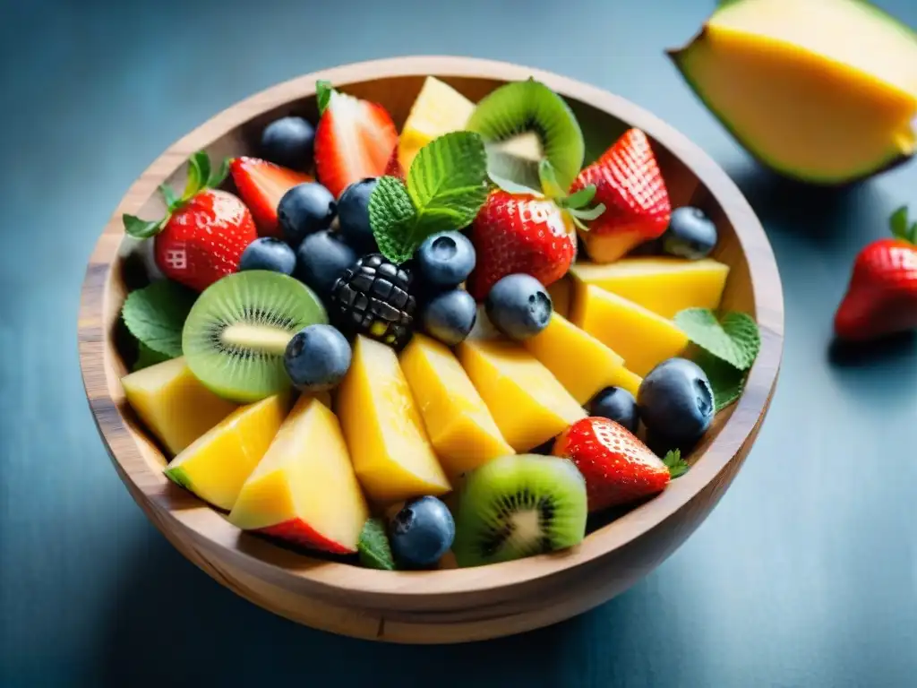 Deliciosa ensalada de frutas veraniega sin gluten para niños en un tazón de coco bajo el sol