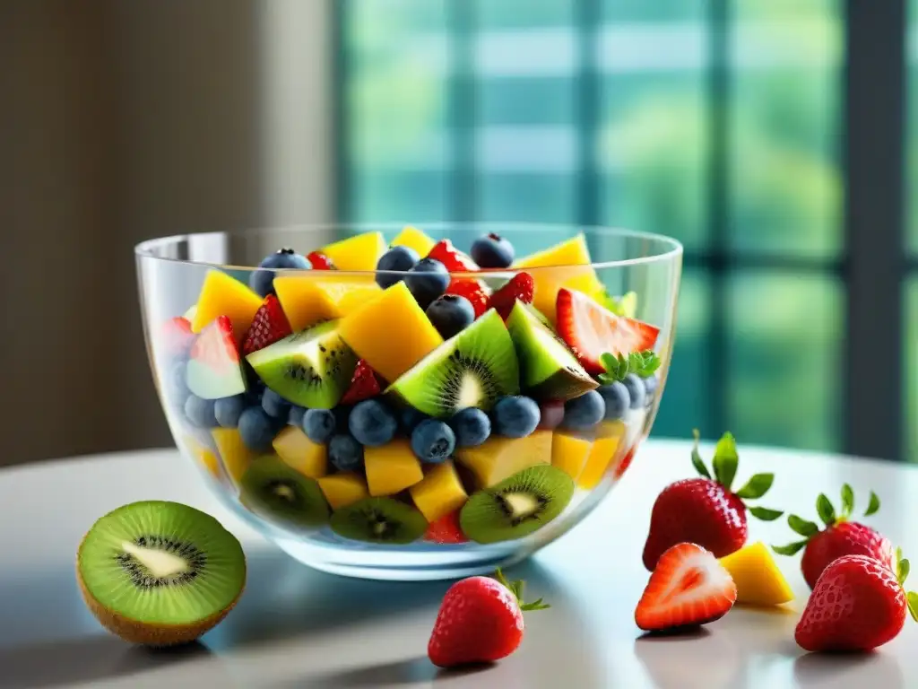 Deliciosa ensalada de frutas vibrante en un tazón de vidrio, perfecta para recetas sin gluten para niños