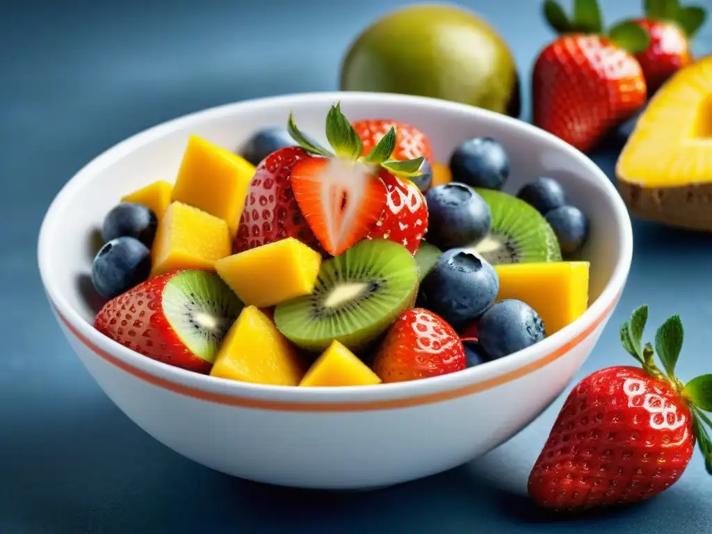 Deliciosa ensalada de frutas vibrante en un elegante tazón blanco