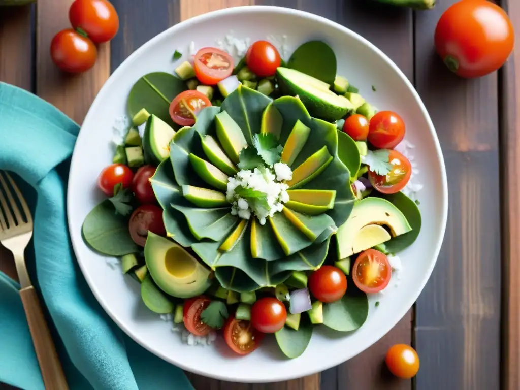 Deliciosa ensalada sin gluten con nopal, tomate, cebolla, cilantro y aguacate, resaltando frescura y colorido