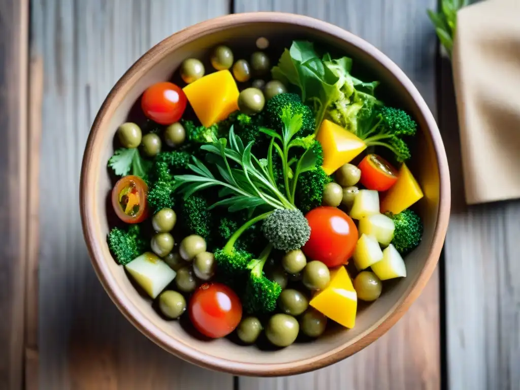 Deliciosa ensalada sin gluten fermentada en bol vibrante, resaltando frescura y variedad