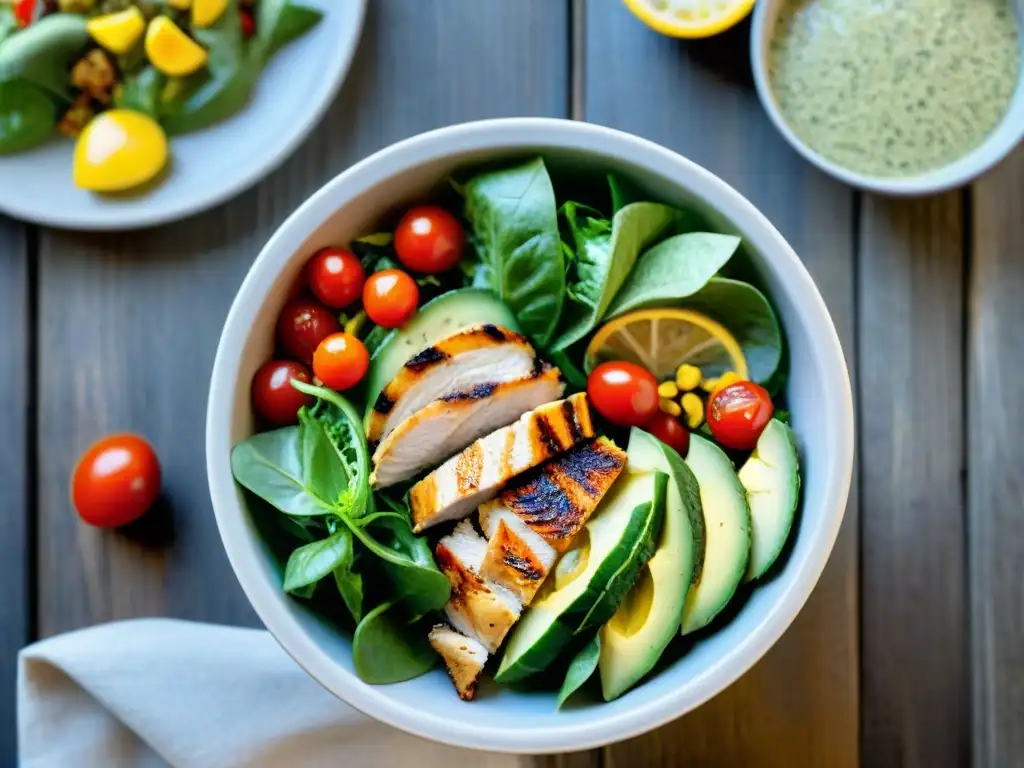 Deliciosa ensalada sin gluten con ingredientes vibrantes y coloridos, bañados en aderezo de limón