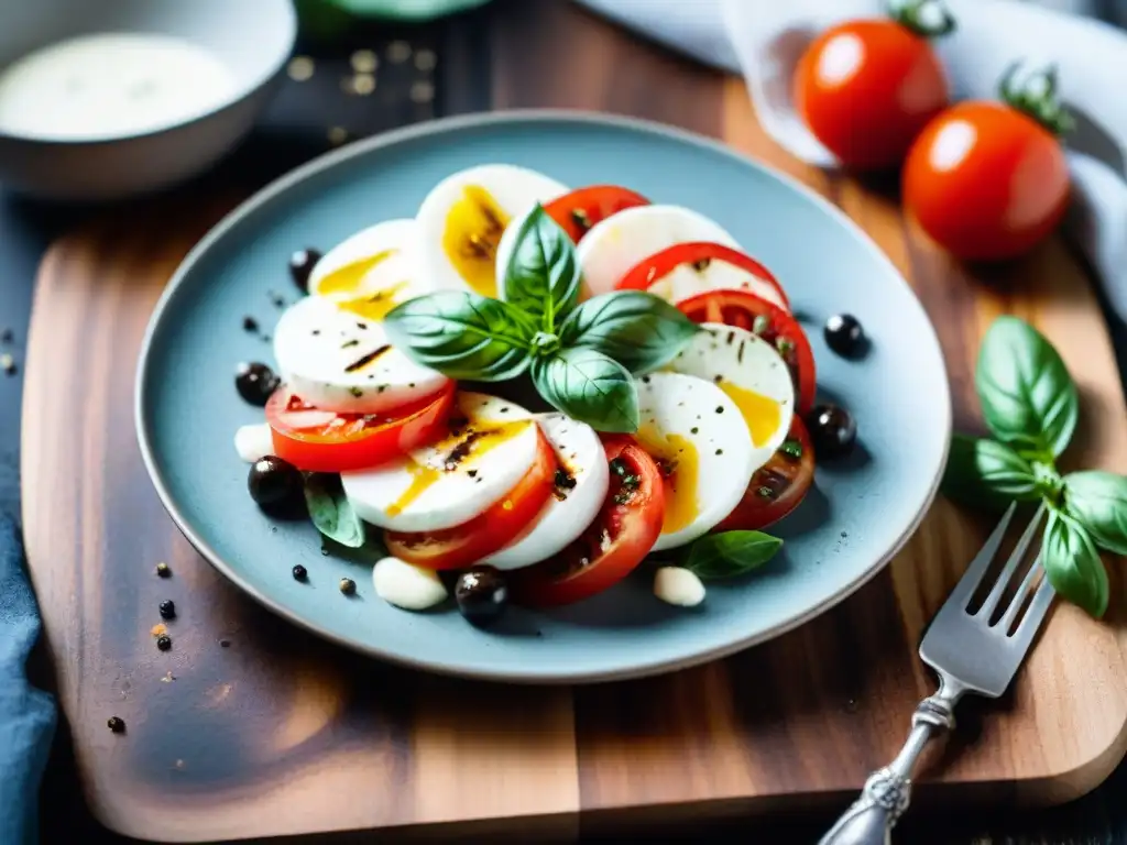 Deliciosa ensalada caprese sin gluten, con tomates rojos, albahaca fresca y mozzarella, en tabla de madera rústica