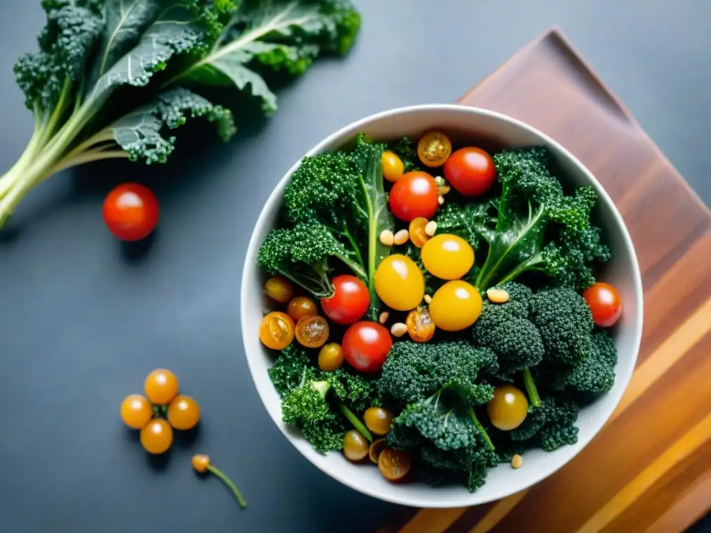 Deliciosa ensalada de kale con ingredientes frescos y coloridos en una mesa de madera