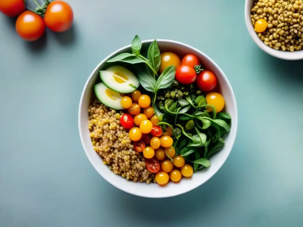 Deliciosa ensalada de quinoa con ingredientes frescos y coloridos, ideal para recetas sin gluten alto proteínas