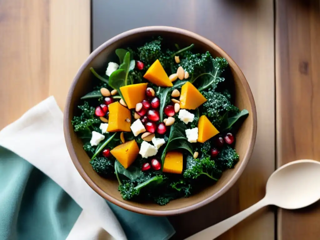 Deliciosa ensalada invernal sin gluten con kale, granada, calabaza, queso de cabra y almendras tostadas