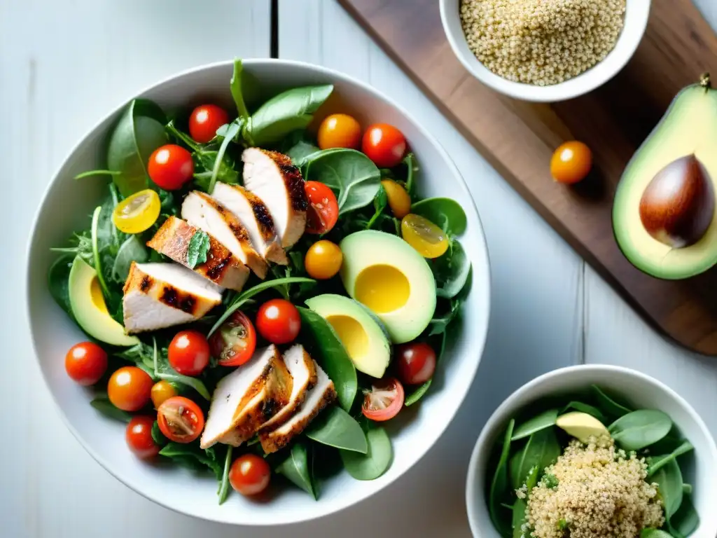 Deliciosa ensalada primaveral sin gluten, con tomates cherry, aguacate, pollo, quinoa y vinagreta cítrica, en un bol blanco sobre fondo de madera