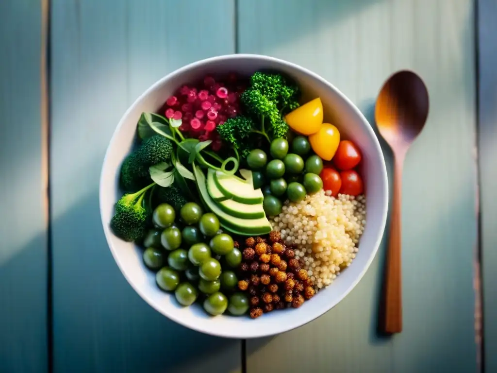 Deliciosa ensalada de quinua y amaranto, vibrante y colorida, en una mesa rústica con luz natural