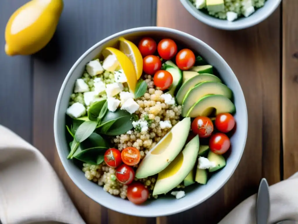 Deliciosa ensalada de quinua sin gluten con ingredientes frescos y coloridos en un tazón vibrante sobre mesa de madera rústica