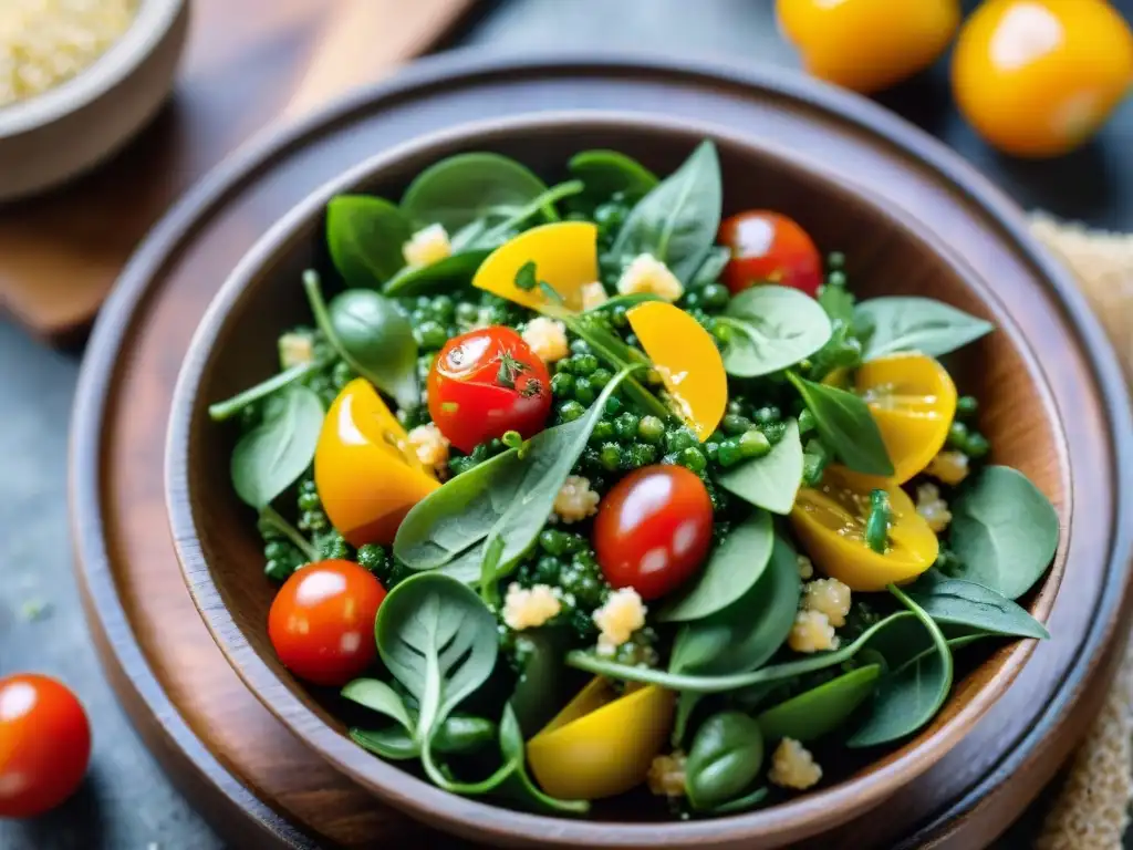 Una deliciosa ensalada de quinua sin gluten, rica en proteínas, con tomates, pepino, pimientos, rúcula y aderezo balsámico