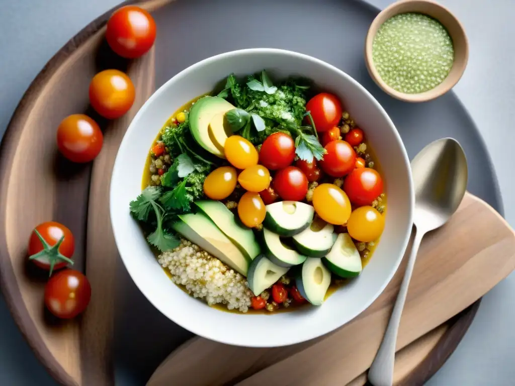 Ensalada de quinoa colorida y fresca con aderezo de limón Deliciosa ensalada de quinua con ingredientes frescos y coloridos