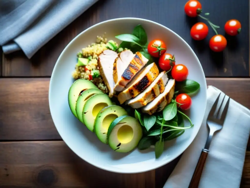 Deliciosa ensalada de quinua con pollo a la parrilla, aguacate y tomates cherry