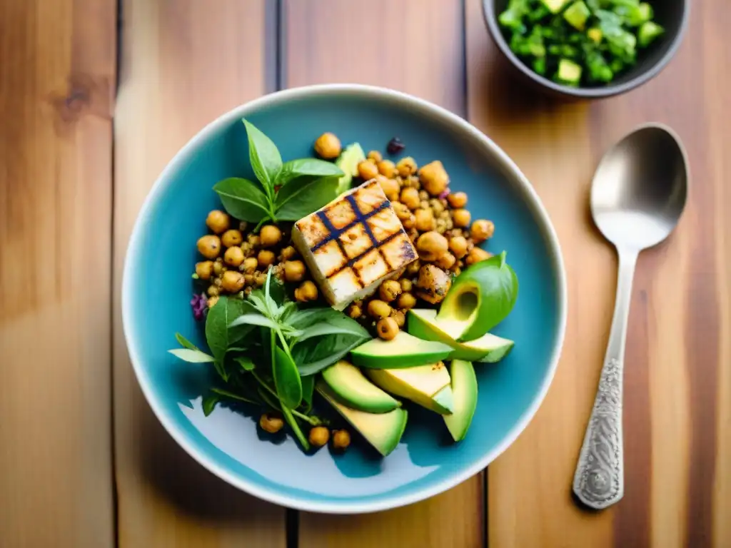 Deliciosa ensalada de quinua con tofu, garbanzos, aguacate y hierbas frescas, bañada en glaseado balsámico