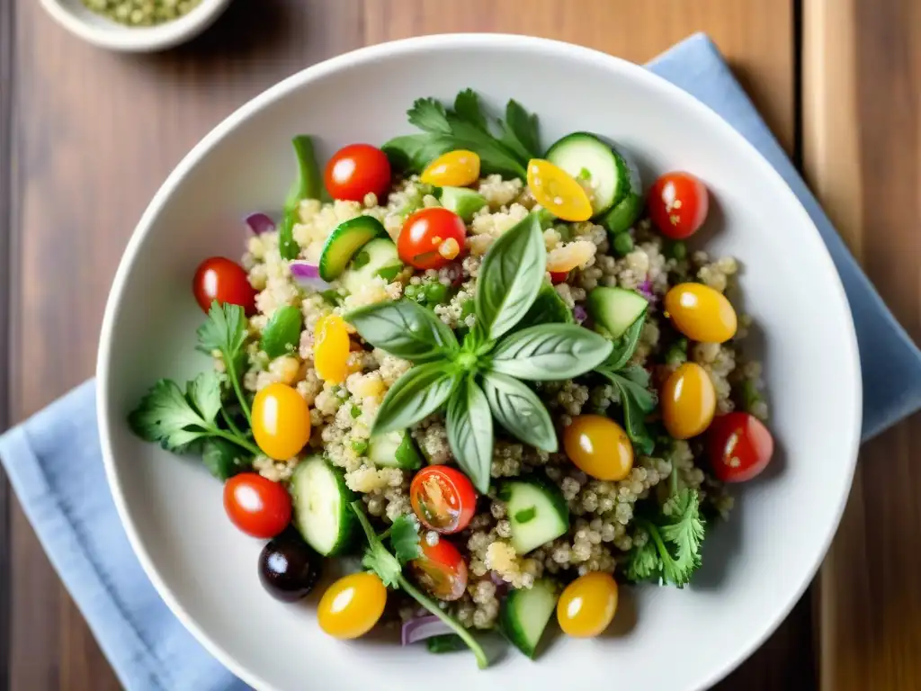 Deliciosa ensalada de quinua con tomates cherry, pepino, cebolla roja, perejil y vinagreta balsámica en bol blanco sobre mesa de madera