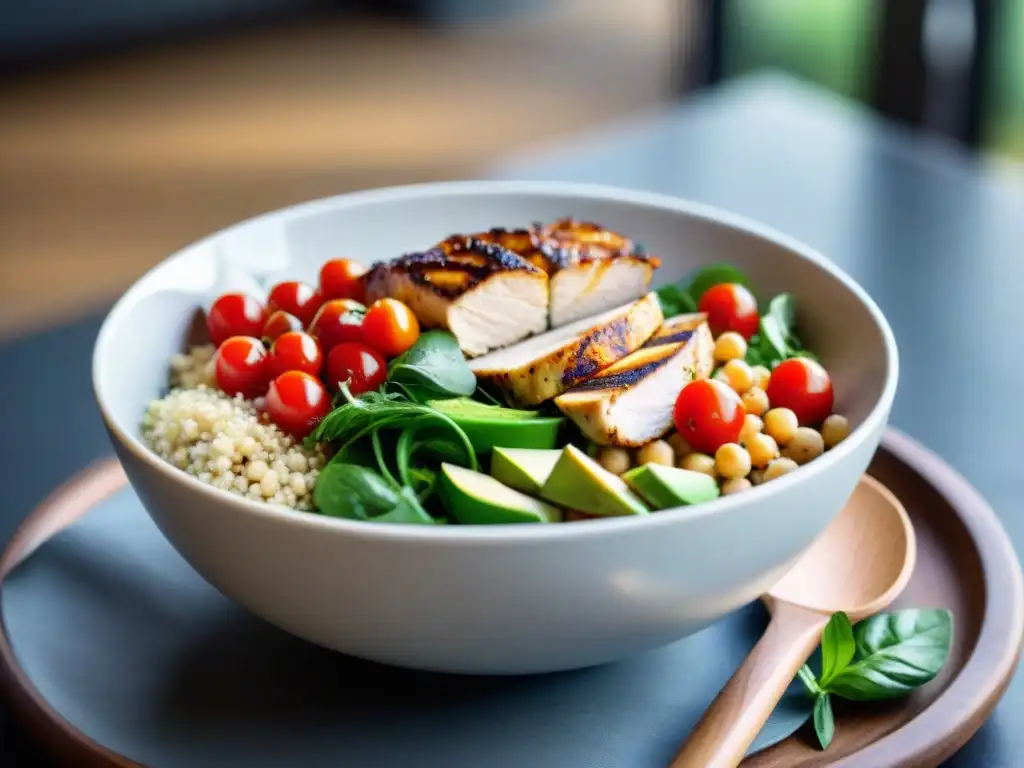 Deliciosa ensalada saludable para deportistas con quinua, aguacate y pollo a la parrilla en un gimnasio