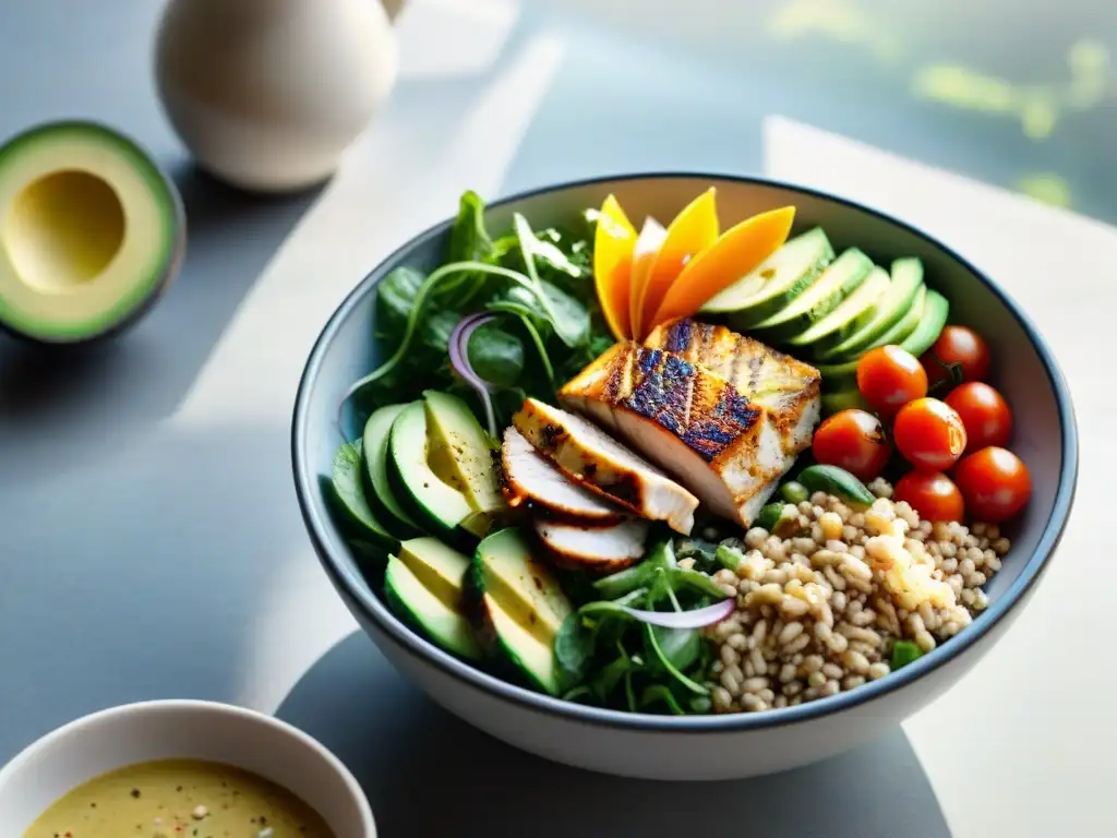 Deliciosa ensalada de sorgo sin gluten con verduras frescas y pollo a la parrilla