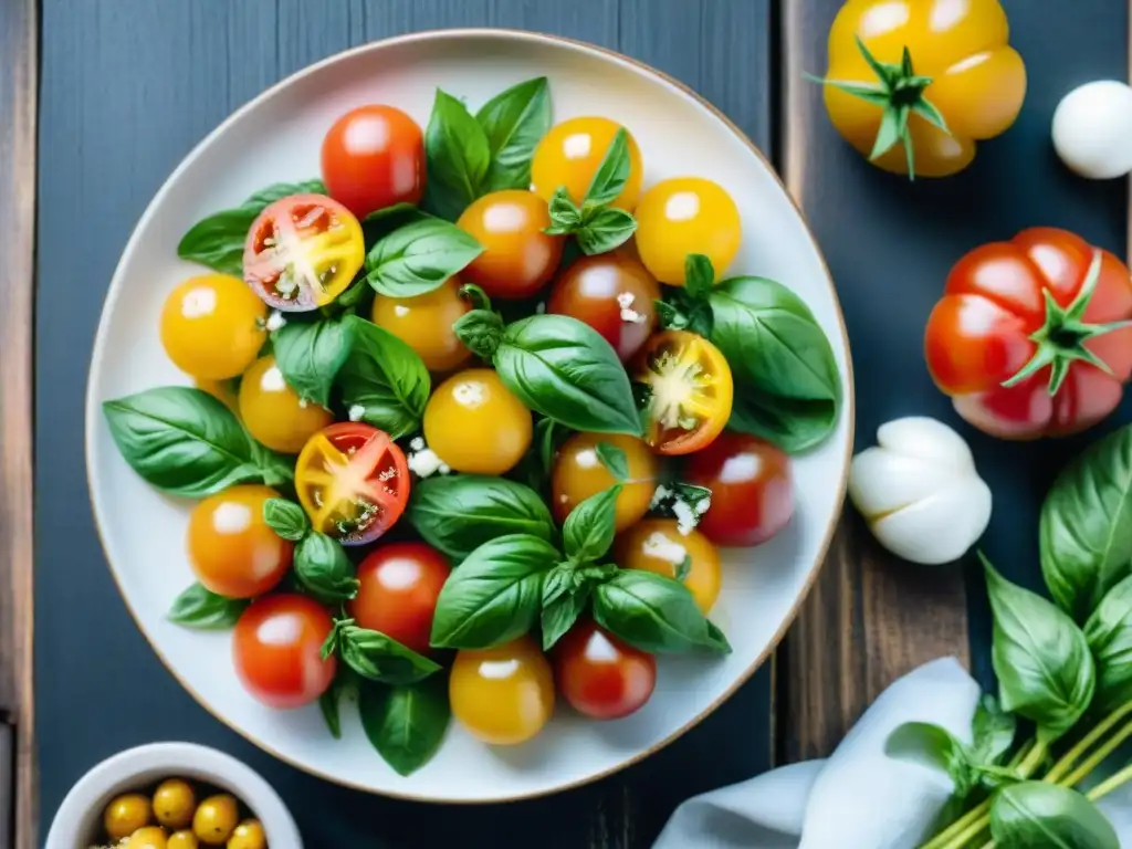 Deliciosa ensalada de verano sin gluten con tomates, mozzarella, albahaca y balsámico sobre tabla de madera rústica