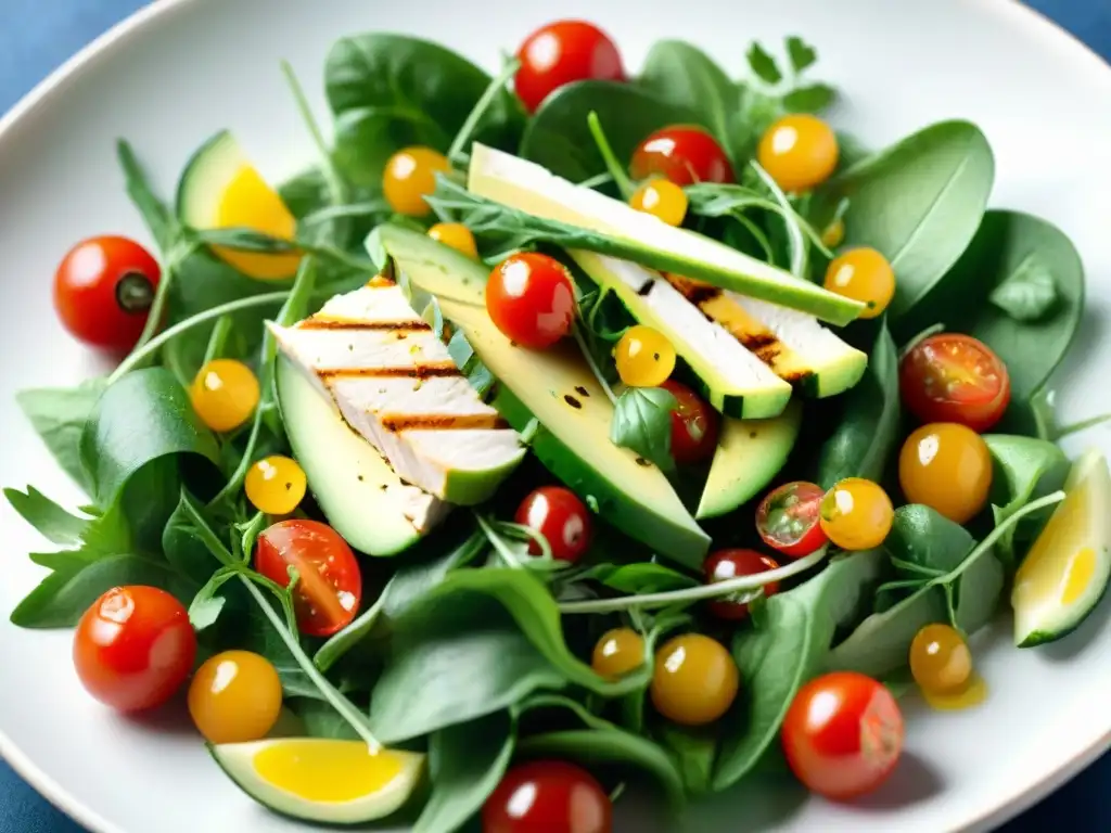 Una deliciosa ensalada de verano sin gluten con tomate cherry, pepino, aguacate, rúcula y pollo a la parrilla en un plato blanco