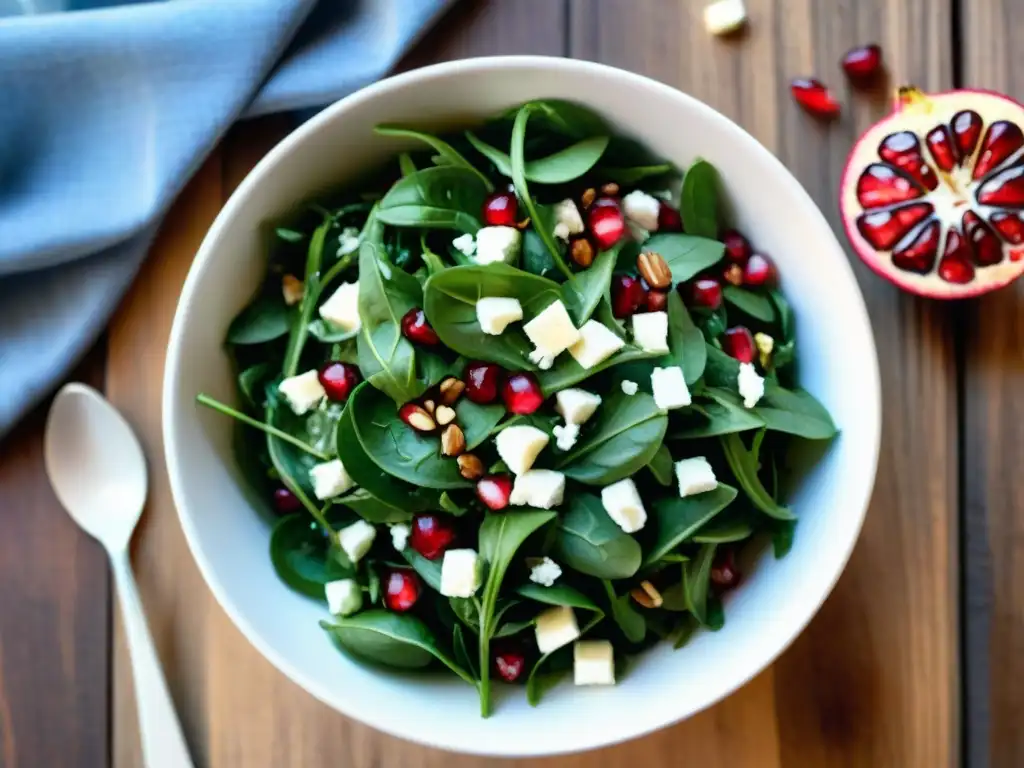 Deliciosa ensalada vibrante con granada, queso feta y almendras, ¡beneficios granada sin gluten!