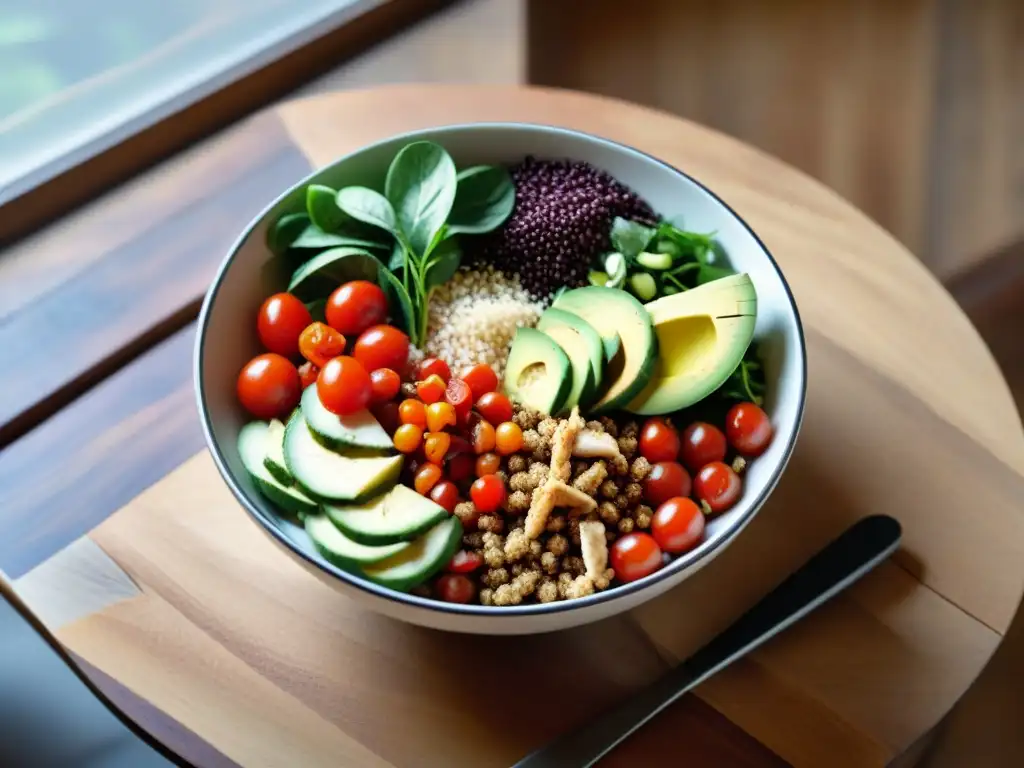 Deliciosa ensalada vibrante con beneficios amaranto sin gluten en mesa de madera rústica