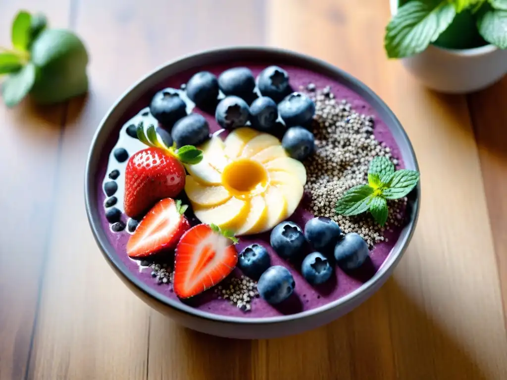 Deliciosa escena de un bol de batido de açaí morado con fresas, arándanos, semillas de chía y miel, sobre mesa de madera con luz natural y vegetación exuberante al fondo