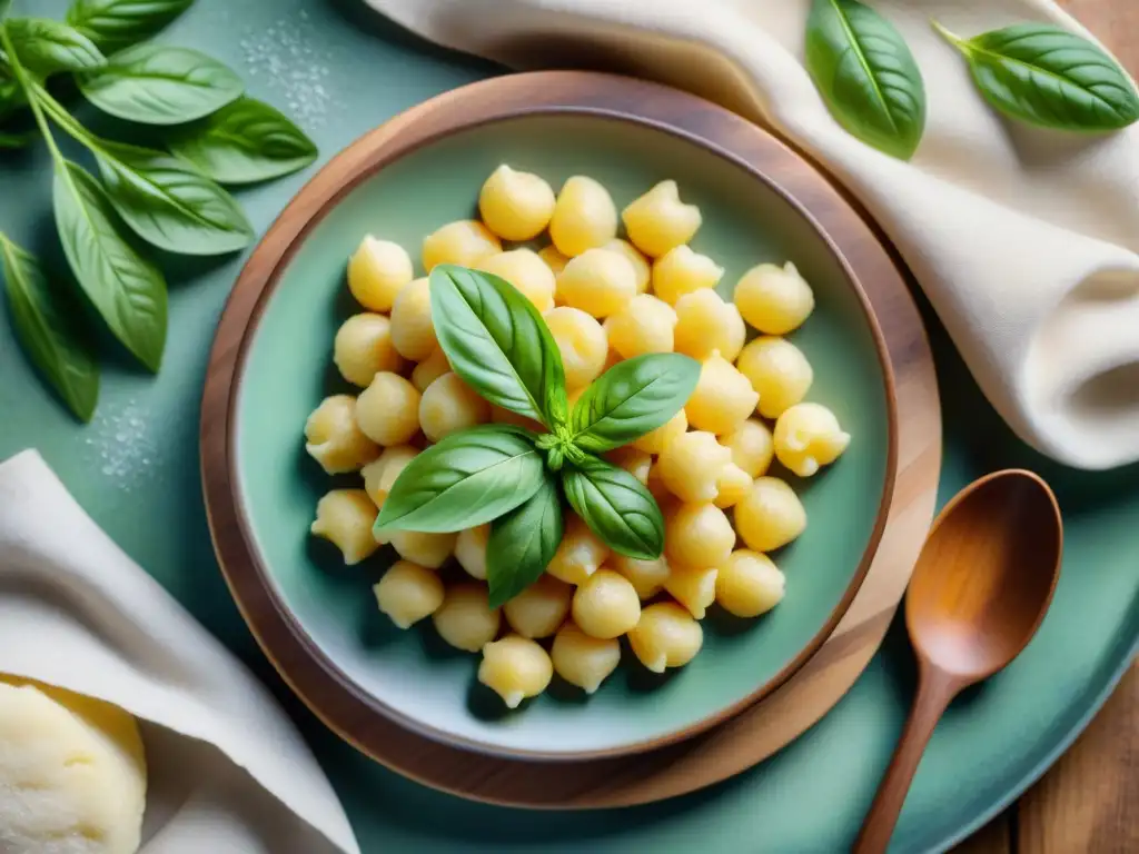 Deliciosa escena de cocina italiana: mesa rústica con gnocchi sin gluten, salsa de mantequilla y hojas de albahaca