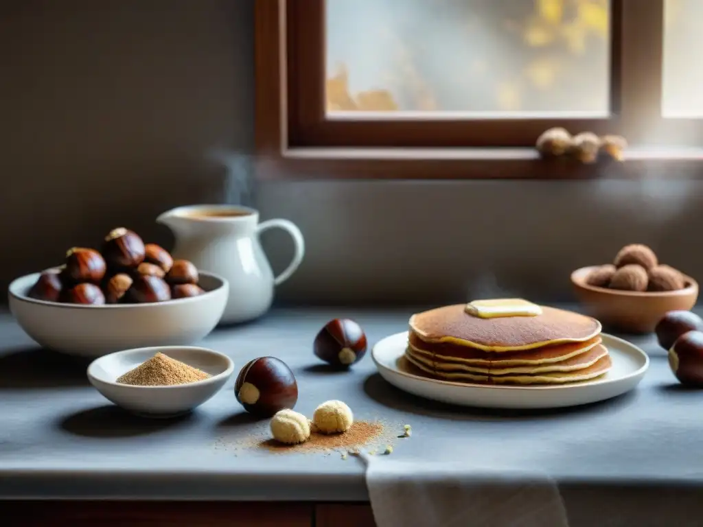 Deliciosa escena de cocina con recetas dulces sin gluten con harina de castaña, bañadas en cálida luz natural