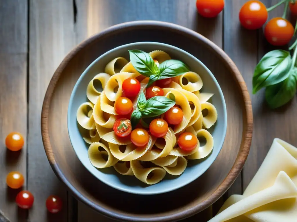 Una deliciosa escena de pasta sin gluten con tomates cherry, albahaca y queso parmesano en una mesa rústica