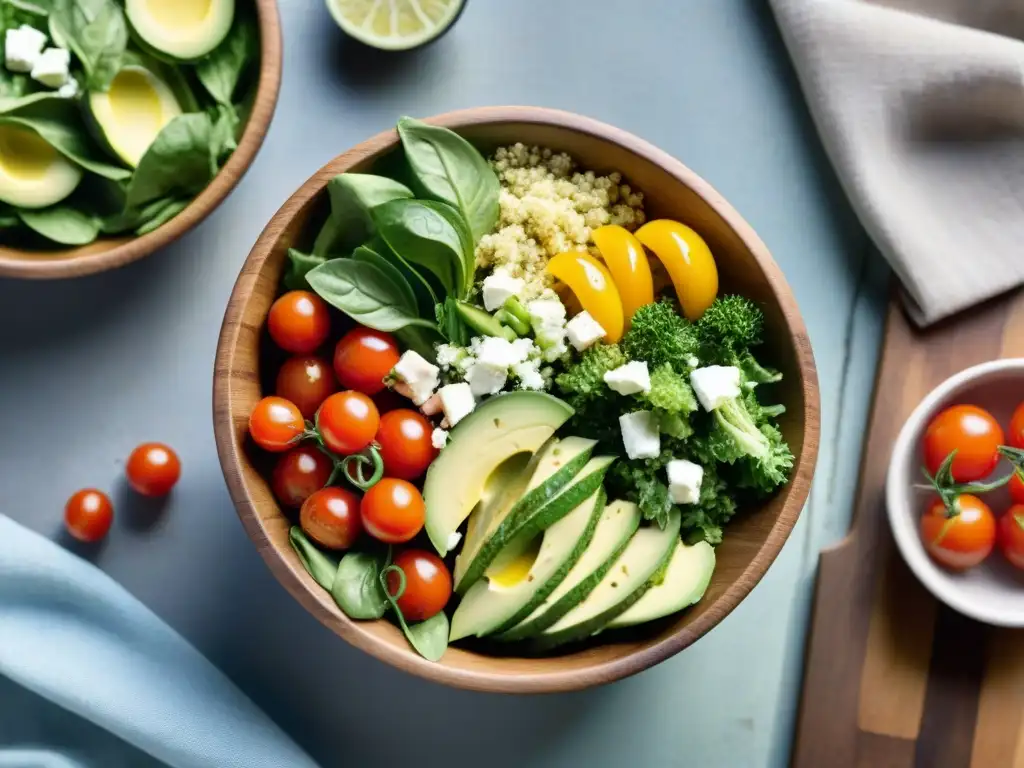 Deliciosa ensalada sin gluten fácil en vibrante bowl con ingredientes frescos y coloridos, en mesa de madera rústica